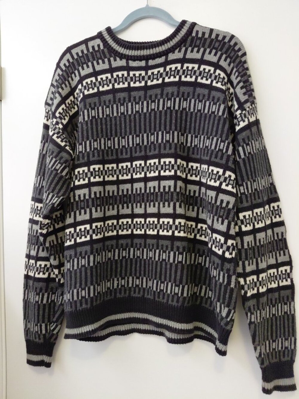Vintage 90s Basix Fenn Wright Mason Mens Nordic Sweater Black Gray Cream Large